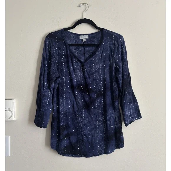 Vintage Y2K Sequin Whimsigoth Tie Dye Long Sleeve Top Blue Medium Witchy Boho - Picture 1 of 5